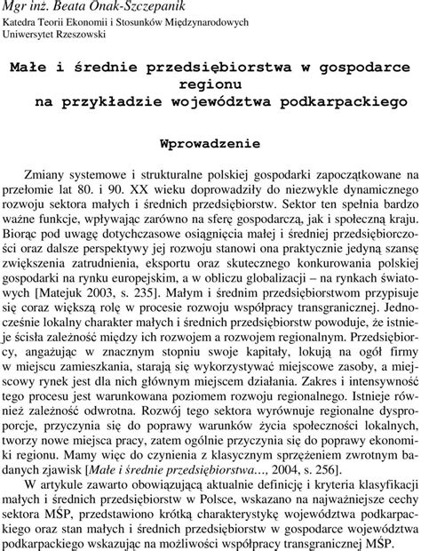 Małe i średnie przedsiębiorstwa w gospodarce regionu na przykładzie