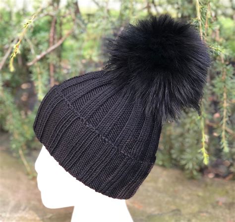 Ribbed Black Wool Beanie Hat Black Raccoon Fur Pom Pom