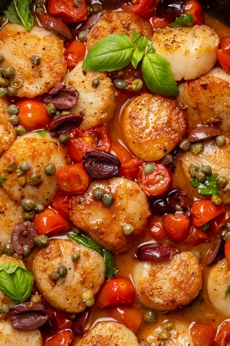 Pan Seared Scallops With Tomatoes Olives And Capers Baker By Nature