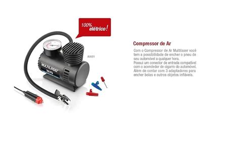 Compressor de Ar 12v Vazão 15l Min 250psi 3 Bicos Adaptadores