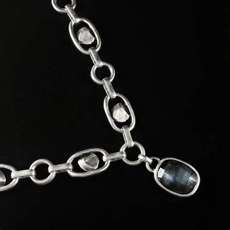 Silver Chain Link Necklace with Smokey Blue Rectangular Crystal Accent