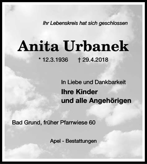 Traueranzeigen Von Anita Urbanek Harztrauer De