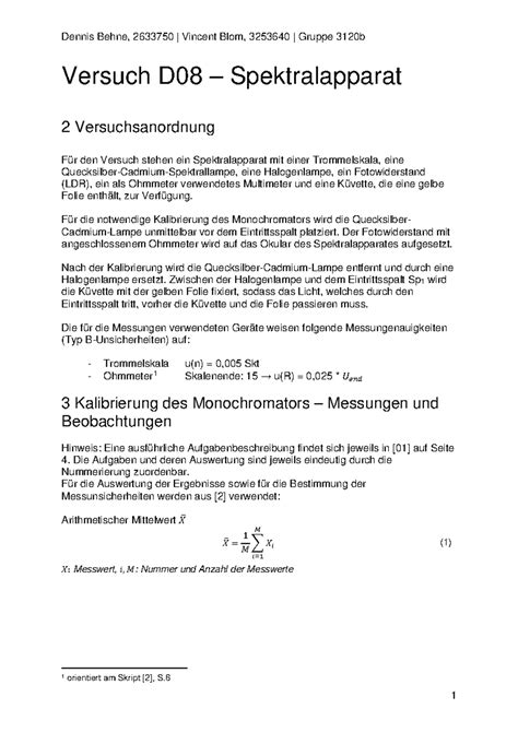 Physik Praktikum Versuch D08 Auswertung Versuch D08 Spektralapparat