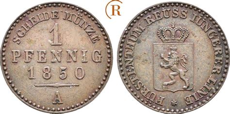 Reuss Schleiz 1 Pfennig 1850 Heinrich LXII 1818 1854 Vz MA Shops