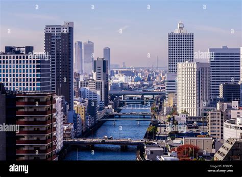 Japan Osaka Nakanoshima District Cityscape With Yodo River Stock