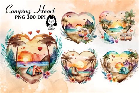 Retro Camping Heart Watercolor Art Graphic By Cat Lady Creative Fabrica