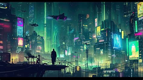 A Sprawling Futuristic Cityscape At Night Stock Illustration