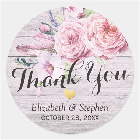 Wedding Thank You Watercolor Floral Rustic Wood Classic Round Sticker