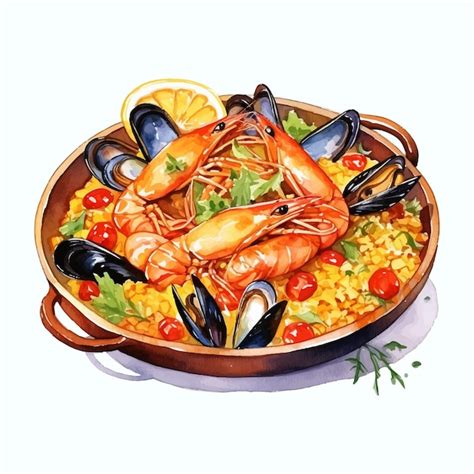 Paella Plato Aislado Fondo Blanco Acuarela Icono Vector Premium