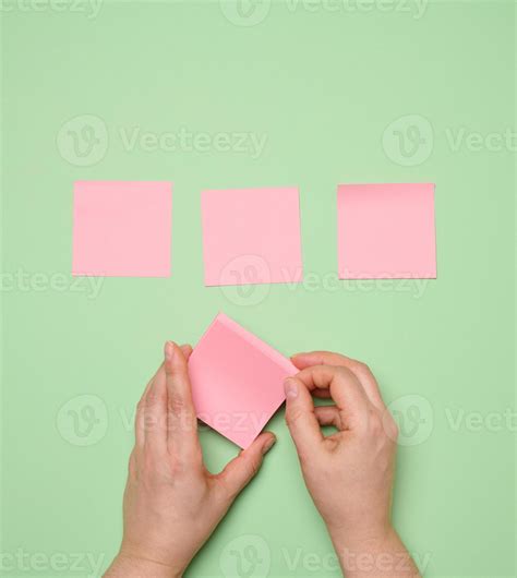 Pasted Pink Blank Square Paper Stickers On Green Background 39841013