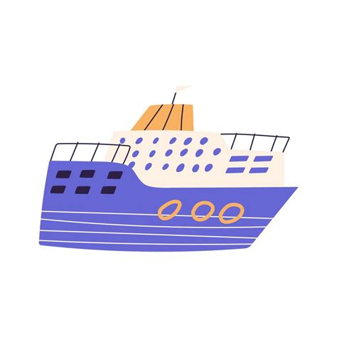 Big cruise ship in hand drawn childish style, cartoon flat vector illustration isolated on white ...