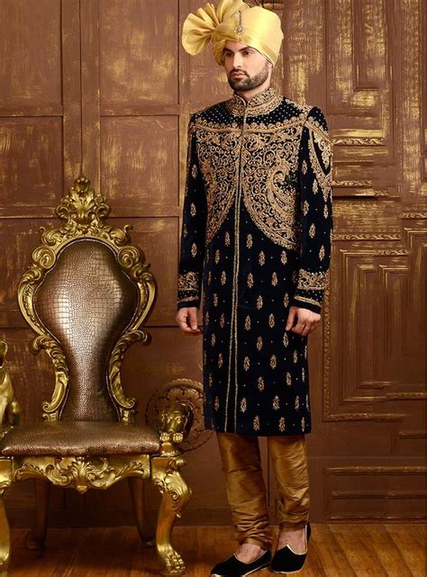 Black Jacquard Silk Angrakha Style Sherwani 80737 Wedding Dresses Men