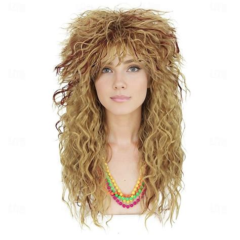 Womens 70s 80s Wig Curly Wigs For 70s 80s Costume Women Long Blonde Mixed Brown Curly Wavy Wig