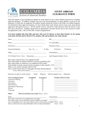 Fillable Online Study Abroad Clearance Form Columbia University Fax