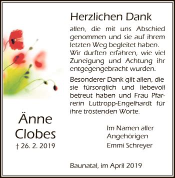 Traueranzeigen Von Nne Clobes Trauer Hna De