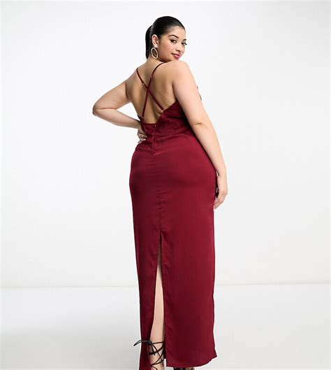 Naanaa Plus Cowl Neck Satin Maxi Prom Dress In Burgundy Shopstyle