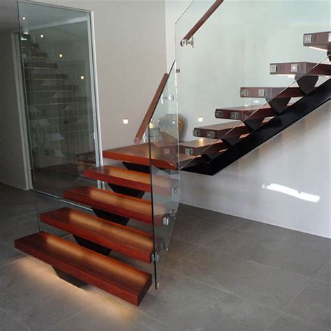 Indoor Wooden Straight Steel Staircase With Glass Railing Stainless