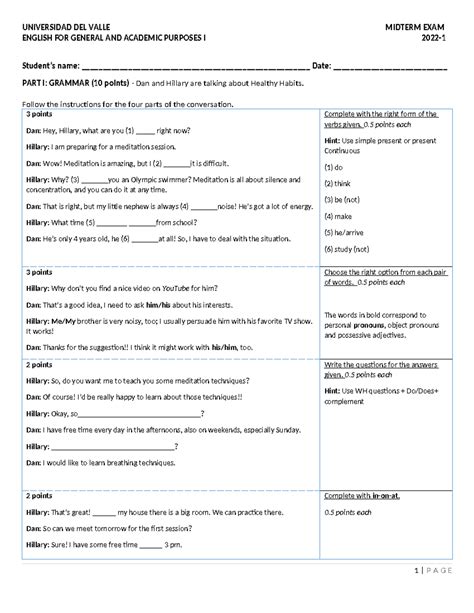 English 1 Midterm Exam Corregido UNIVERSIDAD DEL VALLE MIDTERM EXAM