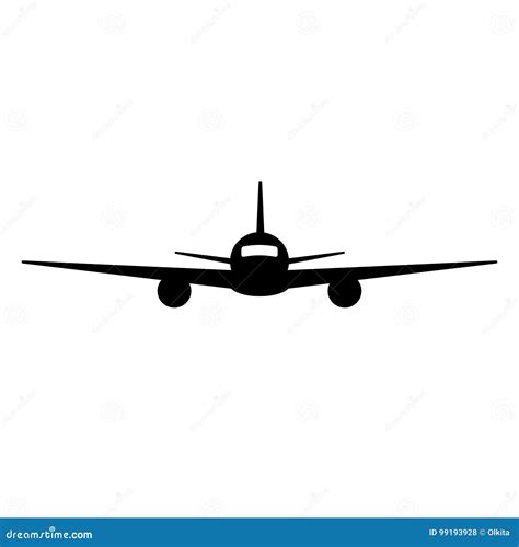 Black Isolated Silhouette of Airplane on White Background. Front View ...