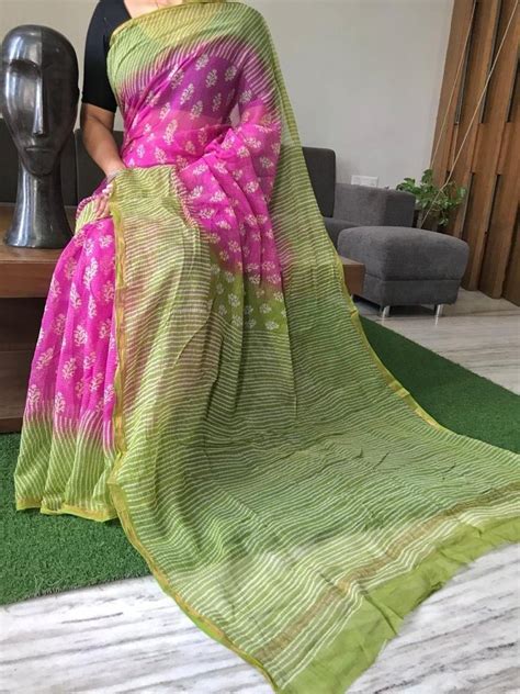 Casual Wear Pink And Green Hand Block Printed Kota Doria Saree 5 5 M