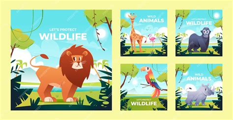 Free Vector | Flat wildlife instagram post set