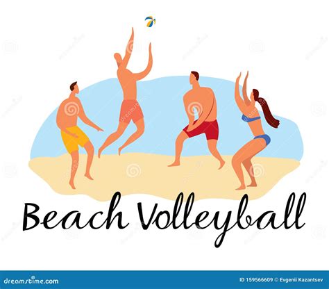 People Play Ball On The Seashore Lettering Beach Volleyball Stock