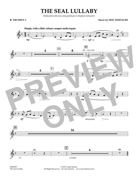 The Seal Lullaby Bb Trumpet 2 By Eric Whitacre Sheet Music For