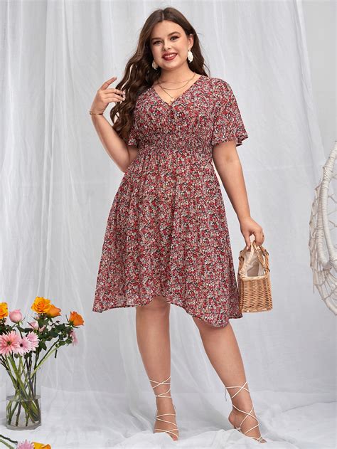 Shein Vcay Plus Ditsy Floral Print Butterfly Sleeve Dress Shein Usa