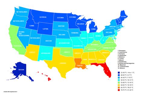 Us States By Average Yearly Temperature And The Countries Most Comparable To Them R Mapporn