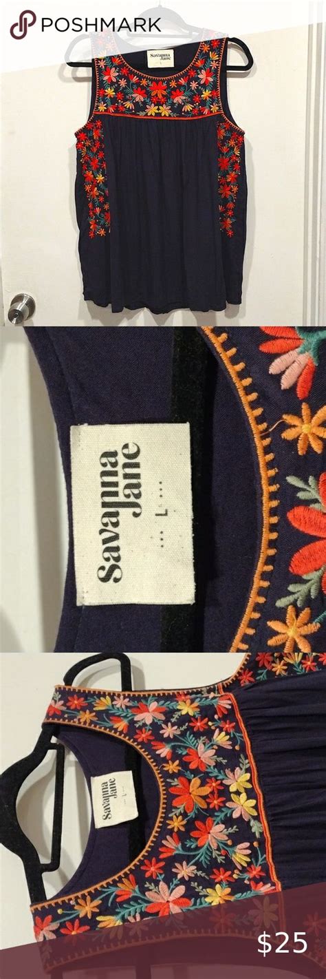 Savanna Jane Navy Blue Embroidered Tank Top Size L Boho Cottagecore