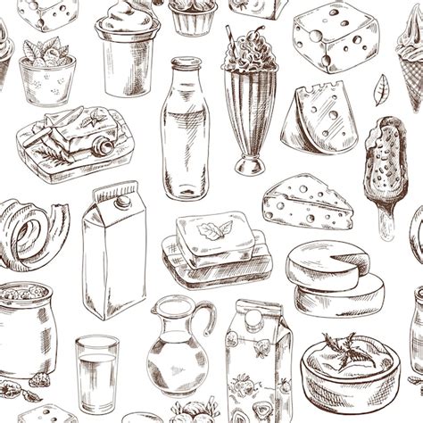 Premium Vector Seamless Pattern Of Hand Drawn Dairy Produce In Sketch