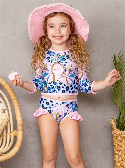 Girls Sitting Poolside Rash Guard Two Piece Swimsuit In Girls