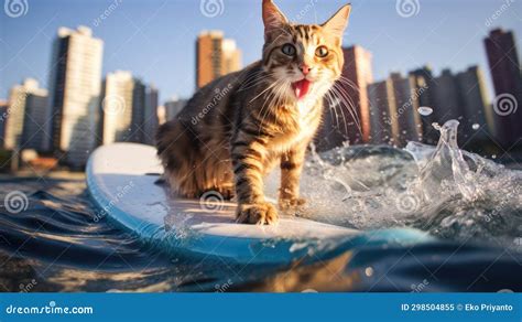 Cute Cat Surfing On A Surfboard In The Ocean Stock Illustration