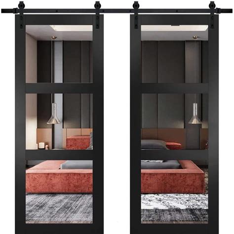 Sartodoors 42 In X 96 In 2 Panel Clear Glass Black Matte Solid Wood