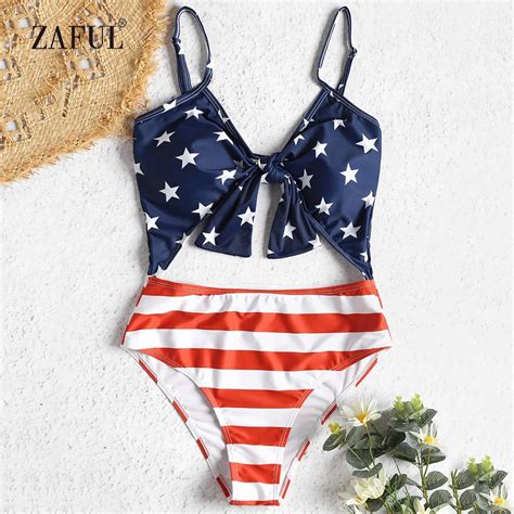 Zaful One Piece Swimsuit Patriotic American Flag Cutout Swimwear Women