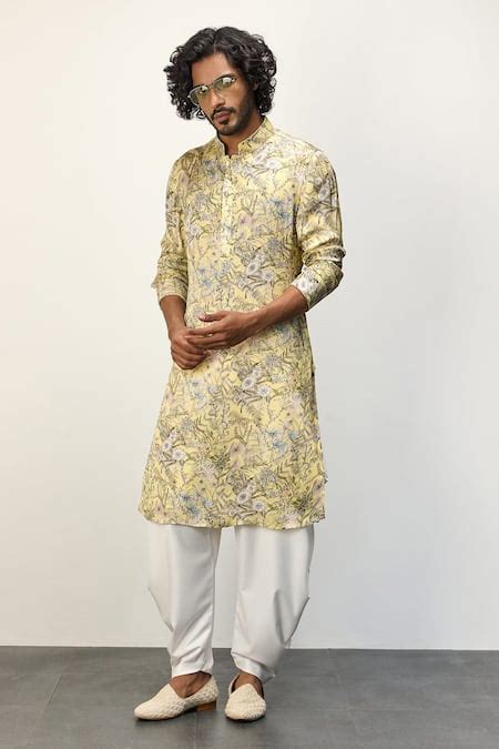 Buy Yellow Modal Printed Floral Kurta And Dhoti Pant Set For Men By