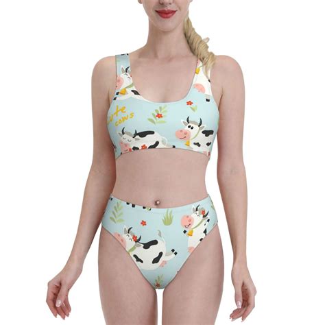 Haiem Cute Cows Women S High Waisted Bikini Set Two Piece Bathing Suits