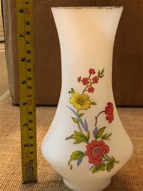 Vintage White Gloss Frosted Blown Glass Vase Hand Painted Floral Motif