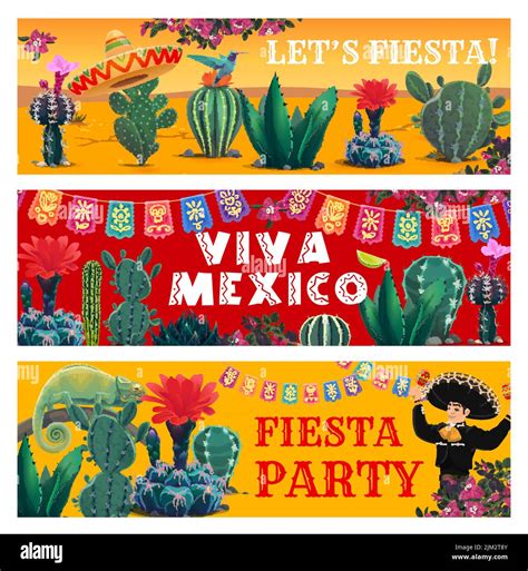 Mexican Holiday Fiesta Banners Cartoon Cactus Papel Picado Flags And