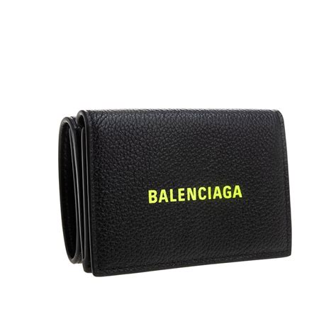 Balenciaga 巴黎世家 經典品牌黃字logo皮革三折小短夾 黑色 Pchome 24h購物