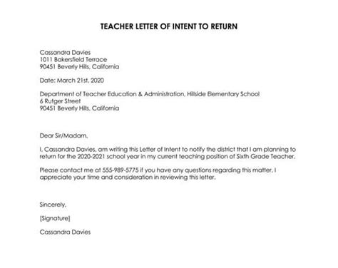 Teacher Letter Of Intent To Return Sampel Template