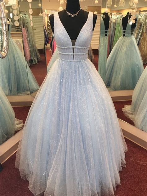 Blue Tulle Sequin Beading Sparkly Ball Gown Prom Dresses Pd00135