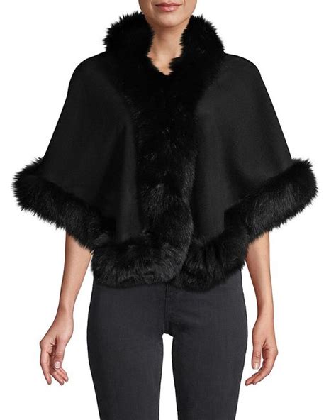 Belle Fare Cashmere Fox Fur Trim Cape In Black Stylemi