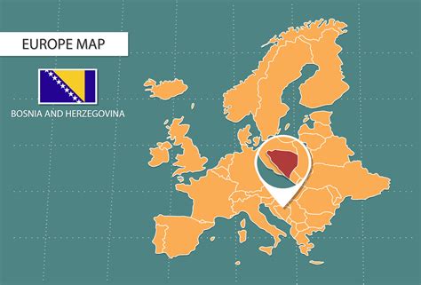 Bosnia and Herzegovina map in Europe zoom version, icons showing Bosnia ...