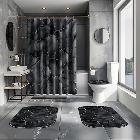 Modern Elegance 3Piece Bathroom Set With Black Stone Texture Curtain