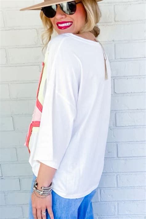 7 72 Wholesale White Colorblock Star Patched Half Sleeve Oversized Tee