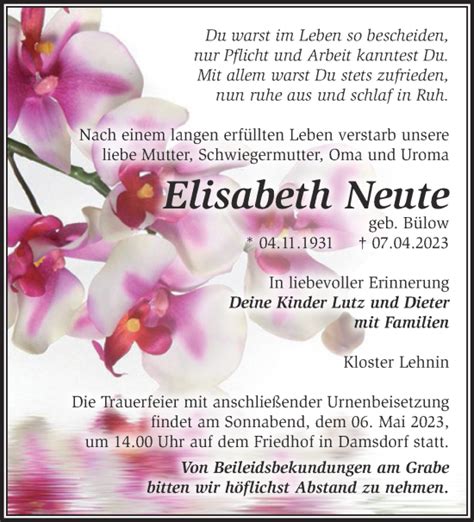 Traueranzeigen von Elisabeth Neute Märkische Onlinezeitung Trauerportal