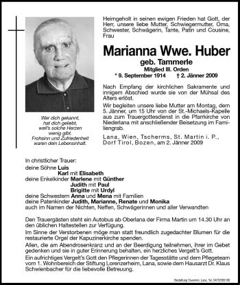 Traueranzeigen Von Marianna Huber Trauer Bz