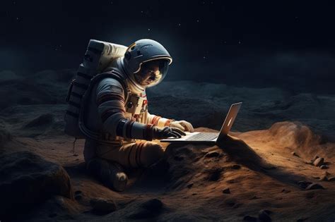 Astronauta Sentado En La Arena Y Trabajando En Su Laptop Foto Premium