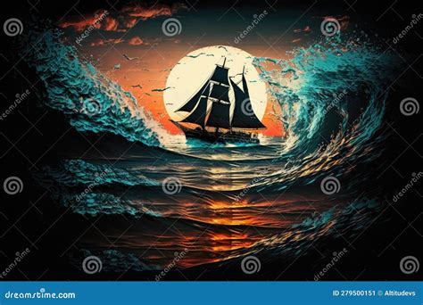 Sailboat Through Waves On Sunset Sail With Silhouette Of The Boat And